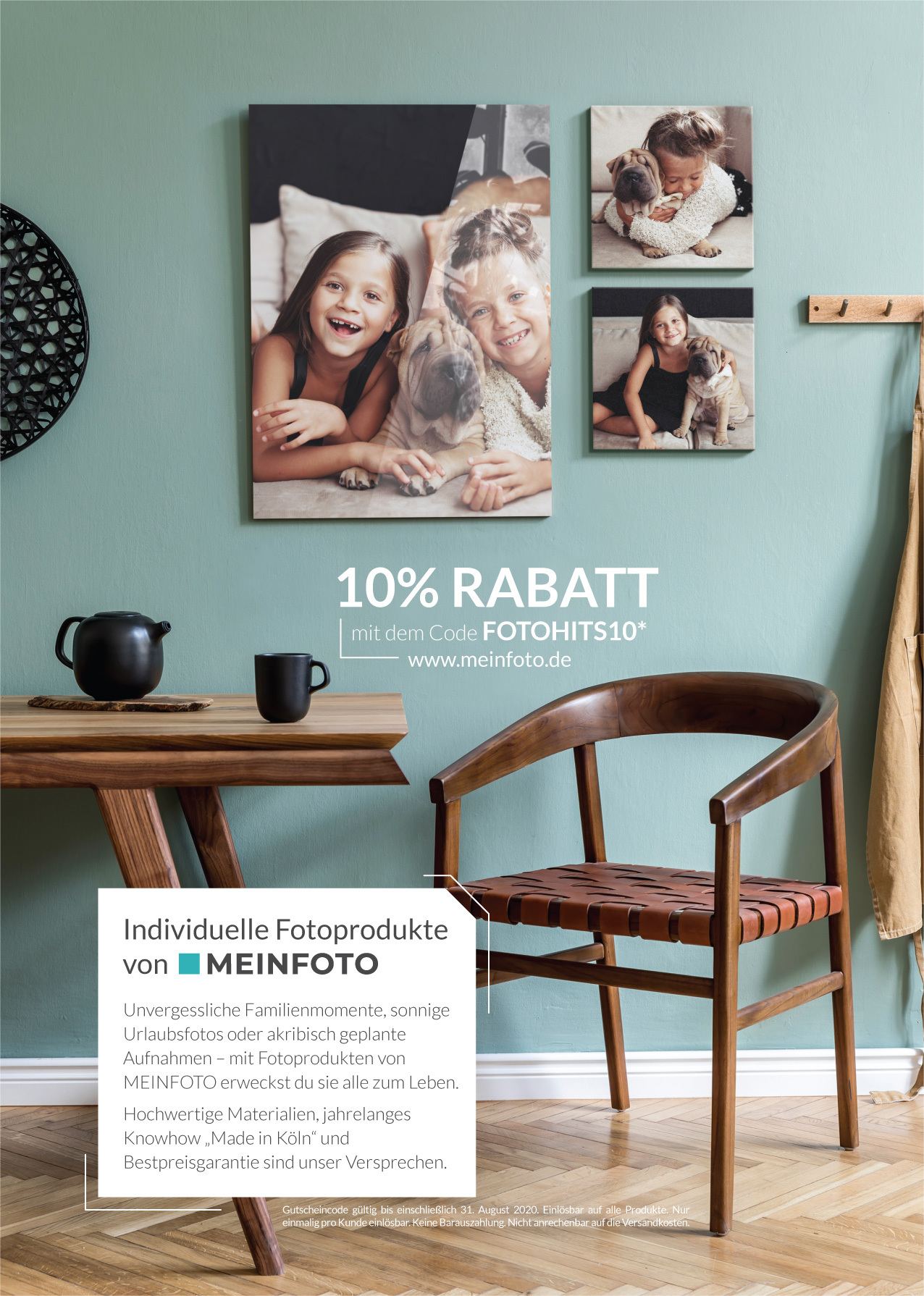 A4 MEINFOTO advertisement: a green velvet sofa under a canvas portrait of a woman in a yellow top, over the line 10% Rabatt with the code FOTOHITS2024.
