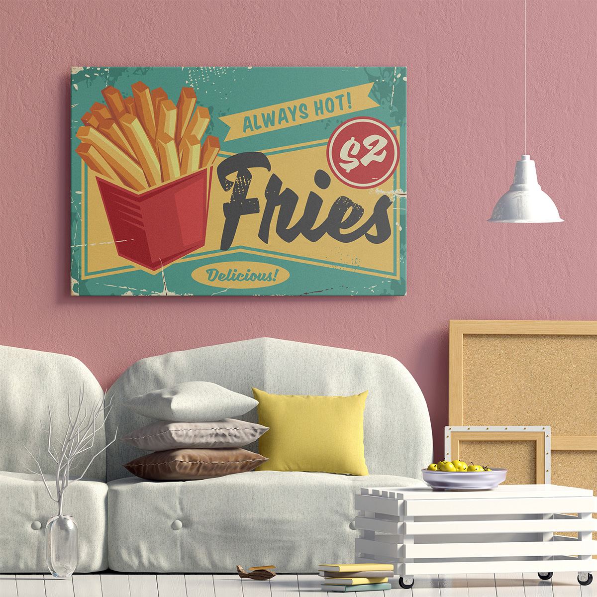 A vintage Fries advertising canvas on a dusty pink wall above a cream sofa with a yellow cushion.