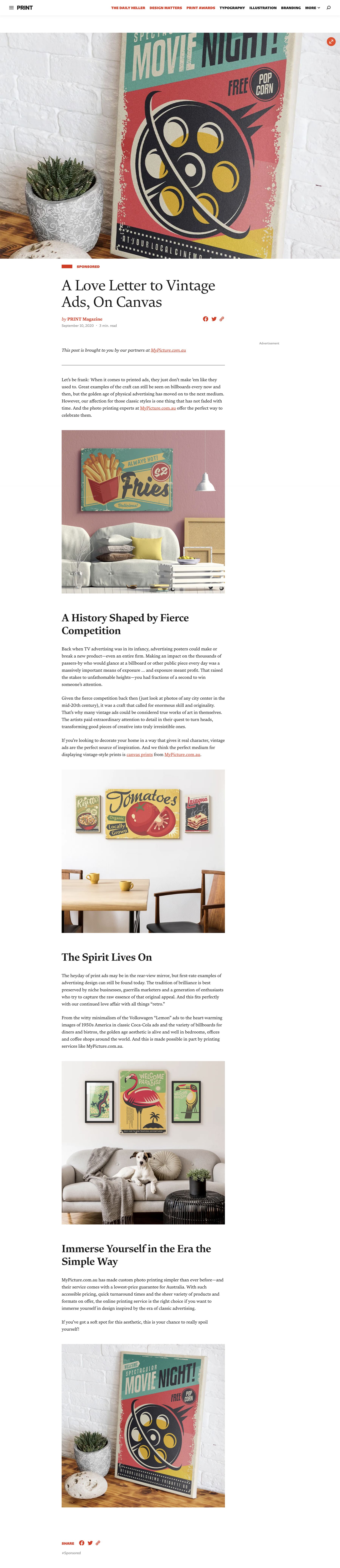 The full PRINT Magazine article A Love Letter to Vintage Ads, On Canvas, captured as one page.