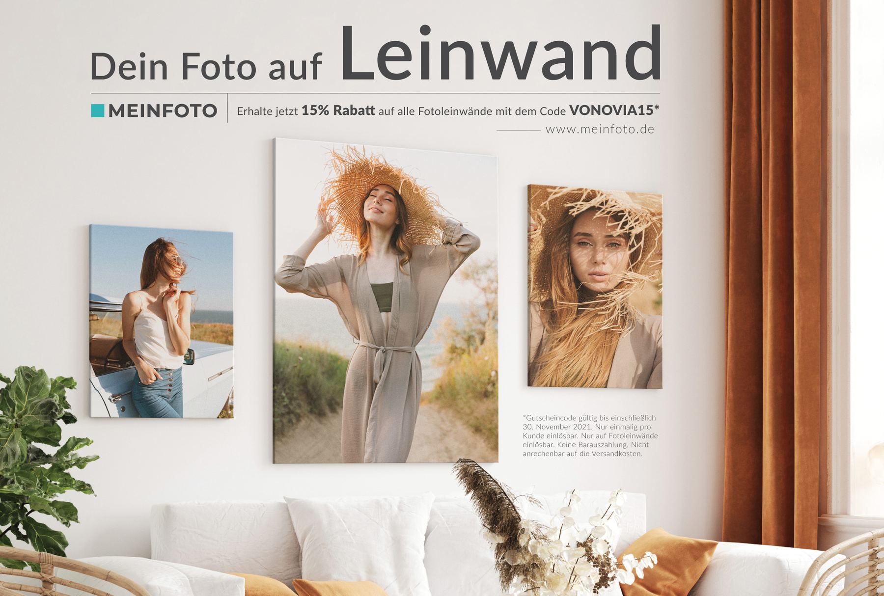 MEINFOTO advertisement headed Dein Foto auf Leinwand: three canvas portraits above a white sofa, with the discount code VONOVIA15.