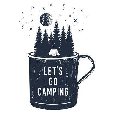 Enamel mug design: retro travel and outdoors lettering and illustration.