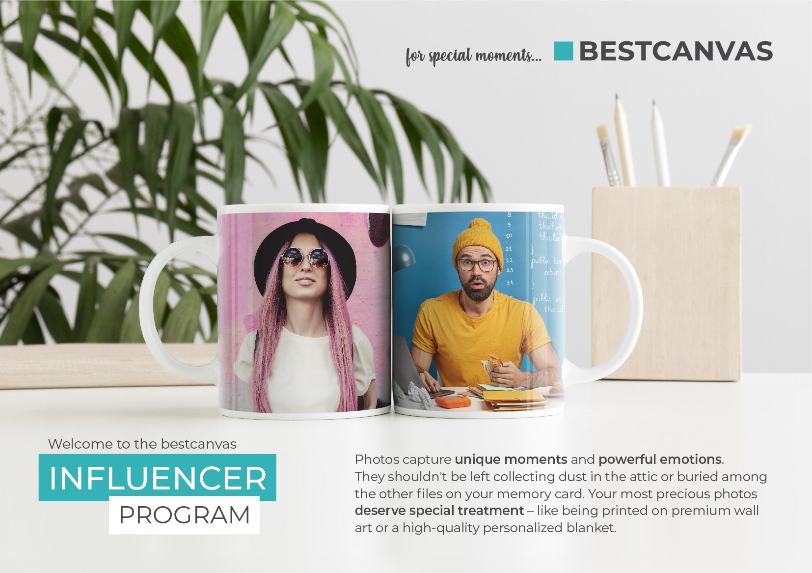 Two enamel mugs printed with photographs beside a plant and a pencil pot, under the title Influencer Program.