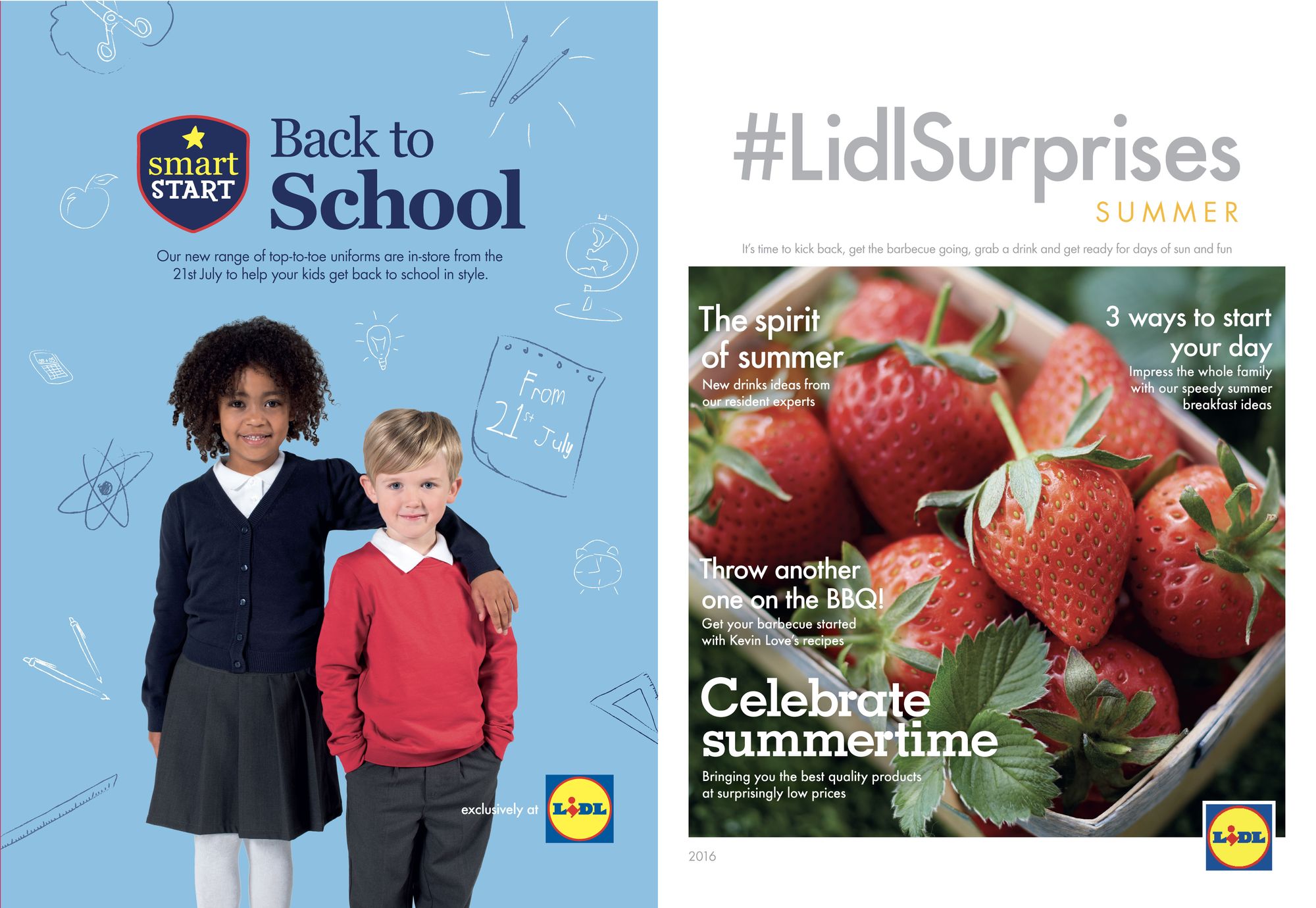 The back cover carries a smart START Back to School advertisement with two children in school uniform on pale blue; the front cover is #LidlSurprises Summer, a punnet of strawberries under the line Celebrate summertime.