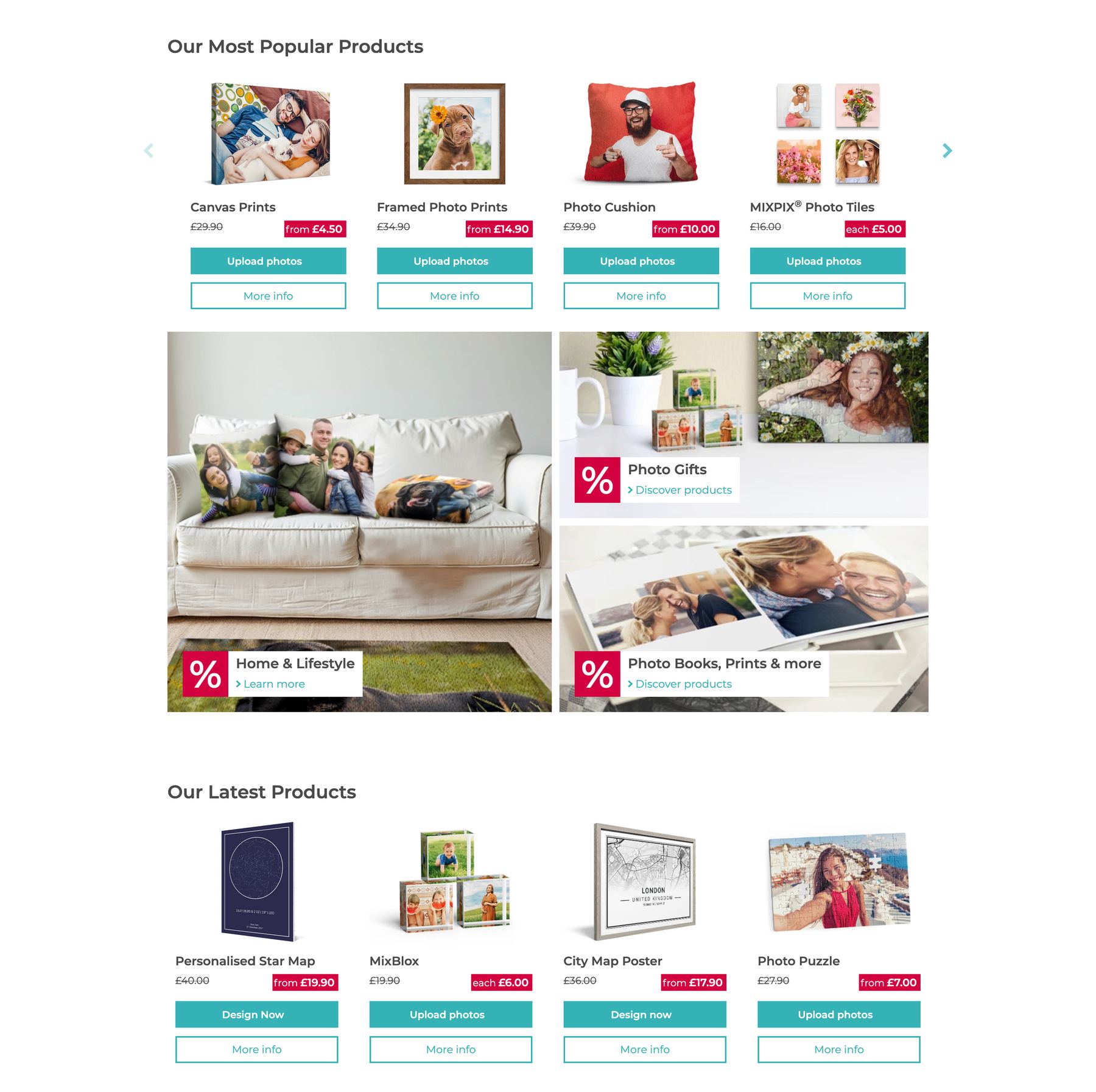 The live my-picture.co.uk homepage before the rebuild: a four-product carousel of most popular products, category tiles carrying percentage badges, and a latest-products row, each card showing a floating cut-out, a struck-through price and two competing buttons.