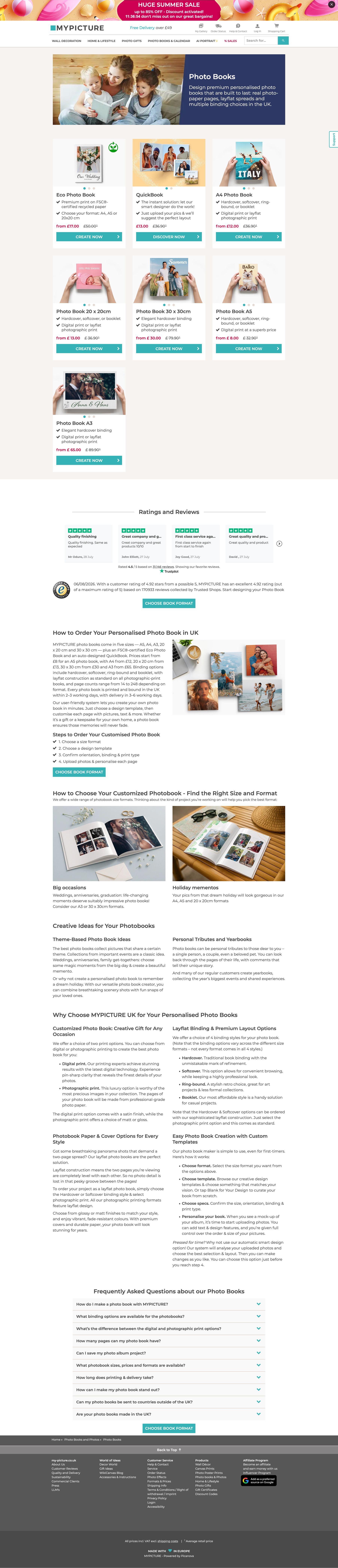 The photo-book page it replaced: a banner headline over a grid of seven product cards mixing product types with paper sizes — Eco, QuickBook, A4, 20x20, 30x30, A5 and an A3 card orphaned on a row of its own — each with a tick list and a Create Now button, followed by a ratings strip and several thousand words of description, guidance and FAQ.