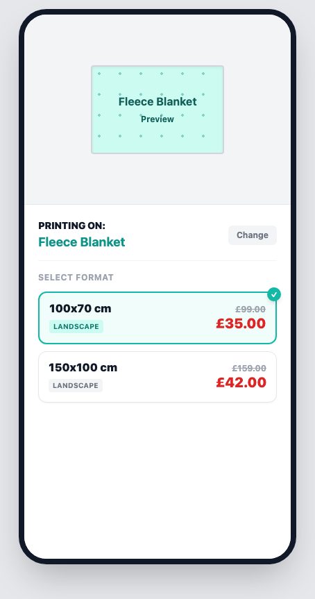 Configurator section: a mobile screen showing a fleece blanket live preview above two format options, each with size, orientation and price.