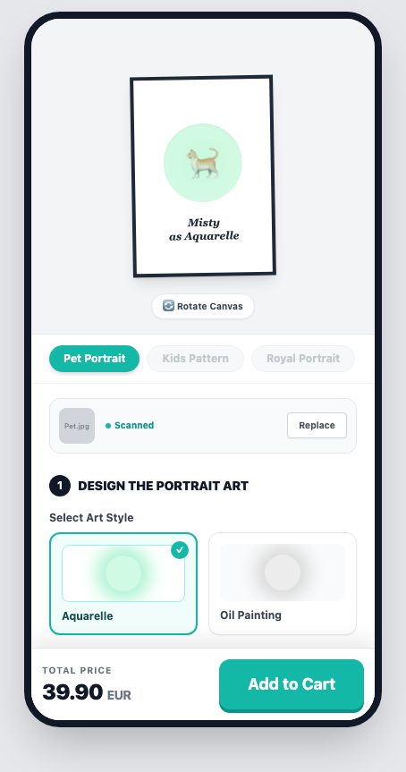 Configurator section: a pet portrait preview with product variant tabs and an art-style chooser offering Aquarelle or Oil Painting.