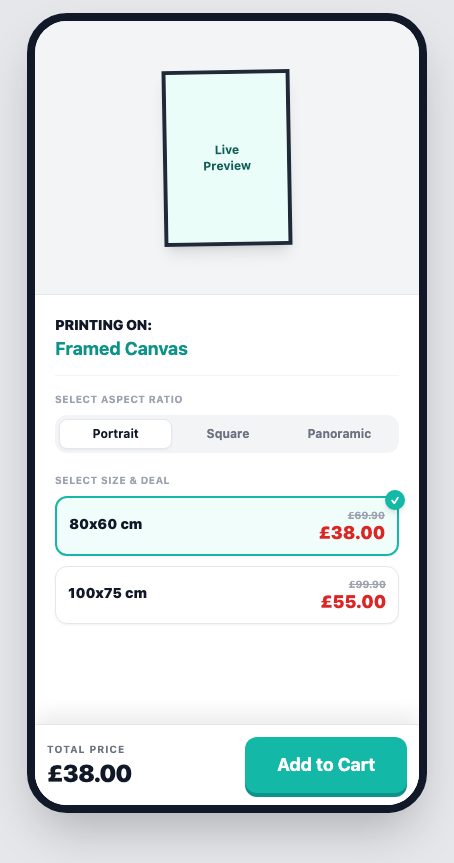 Configurator section: framed canvas with portrait, square and panoramic aspect options, two sizes priced, and a running total above Add to Cart.