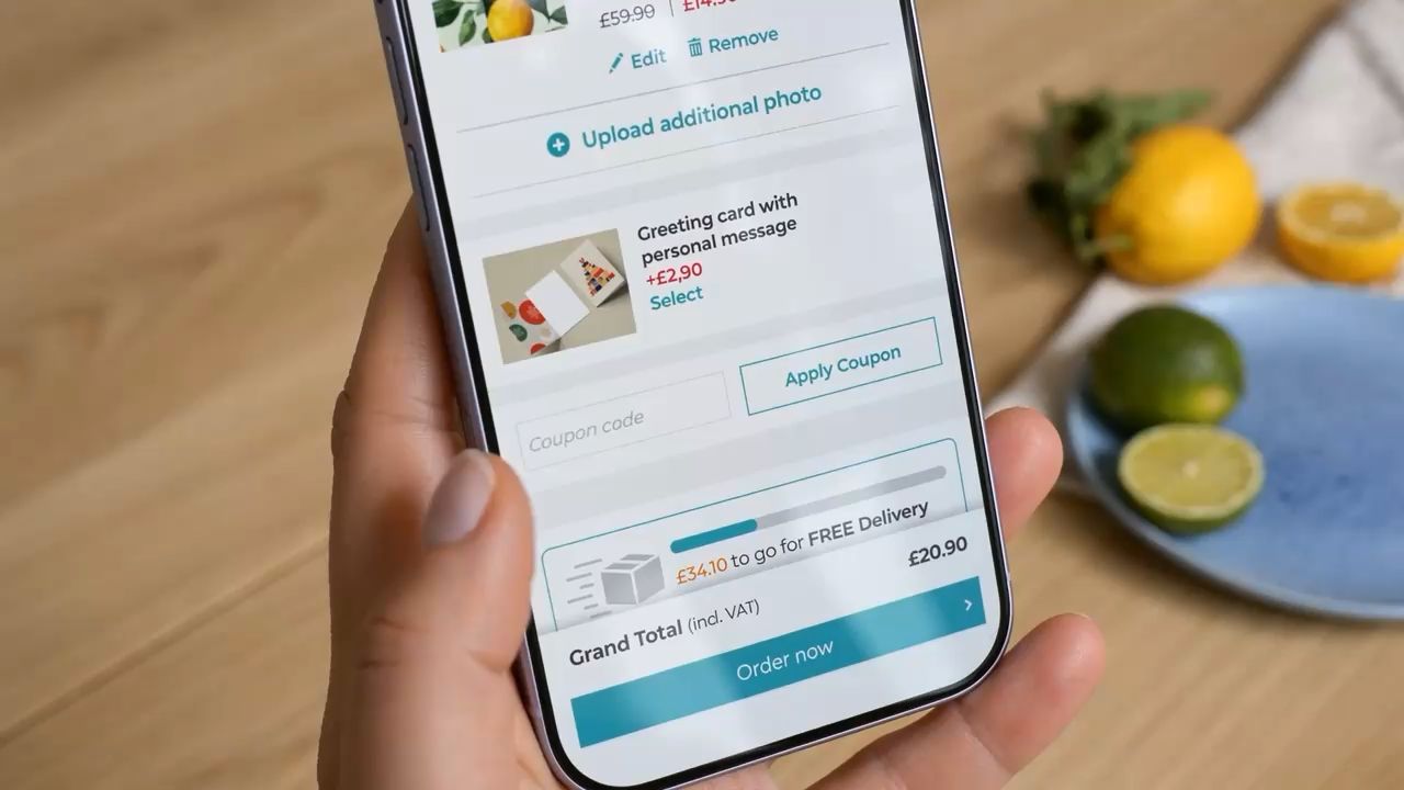 The same shot finished: a fully legible basket screen showing an upsell greeting card, a coupon field, a free-delivery threshold and a VAT-inclusive grand total.