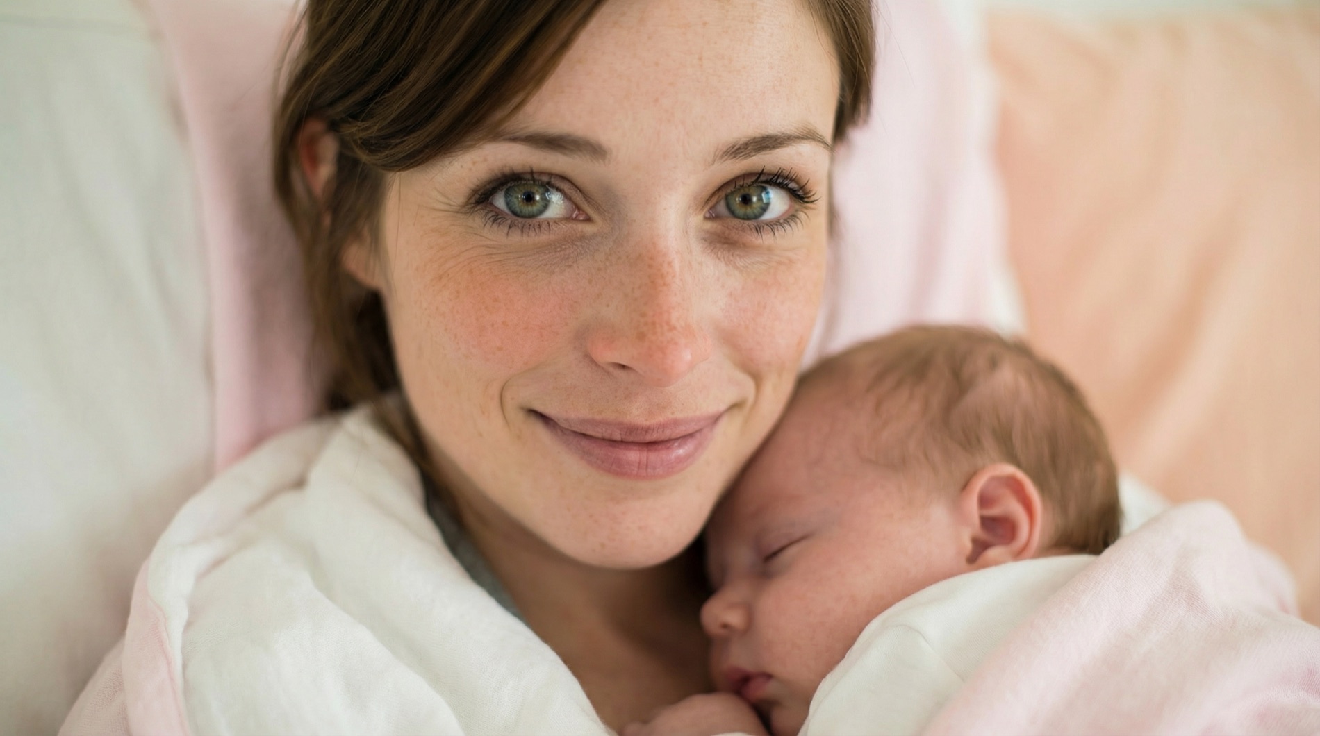 Character reference: a young woman with auburn hair and freckles lying on pale pink bedding, cheek to cheek with a sleeping newborn wrapped in white muslin.