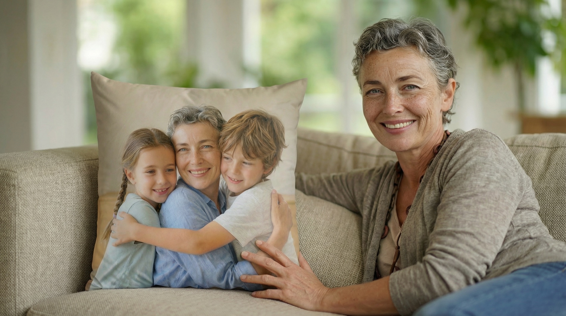 Starting frame: the grandmother sits on a linen sofa beside a photo cushion printed with her and two grandchildren, in the same grey knit and beaded necklace as her reference sheet.