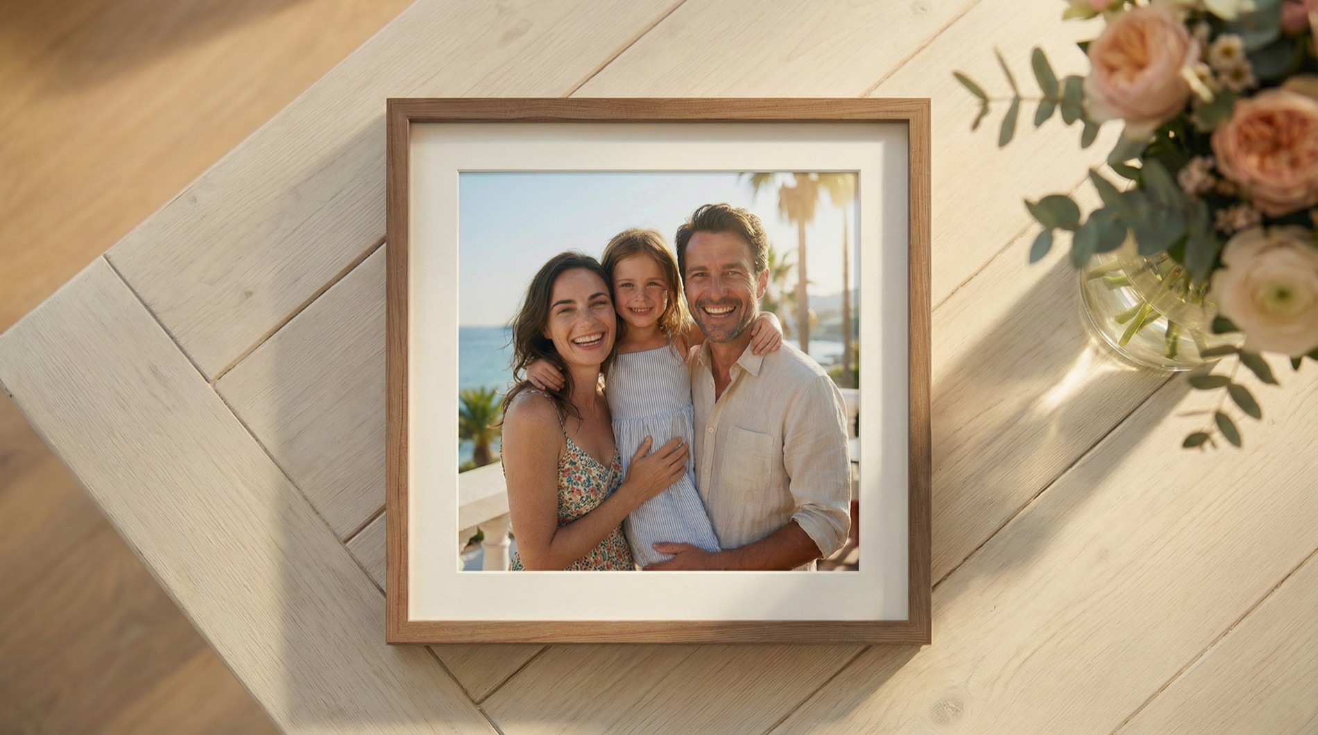 Product shot: a light oak box frame holding a photographic print of a mother, father and daughter on a sunlit terrace above the sea, lying on a pale oak table beside a glass vase of peach roses and eucalyptus.