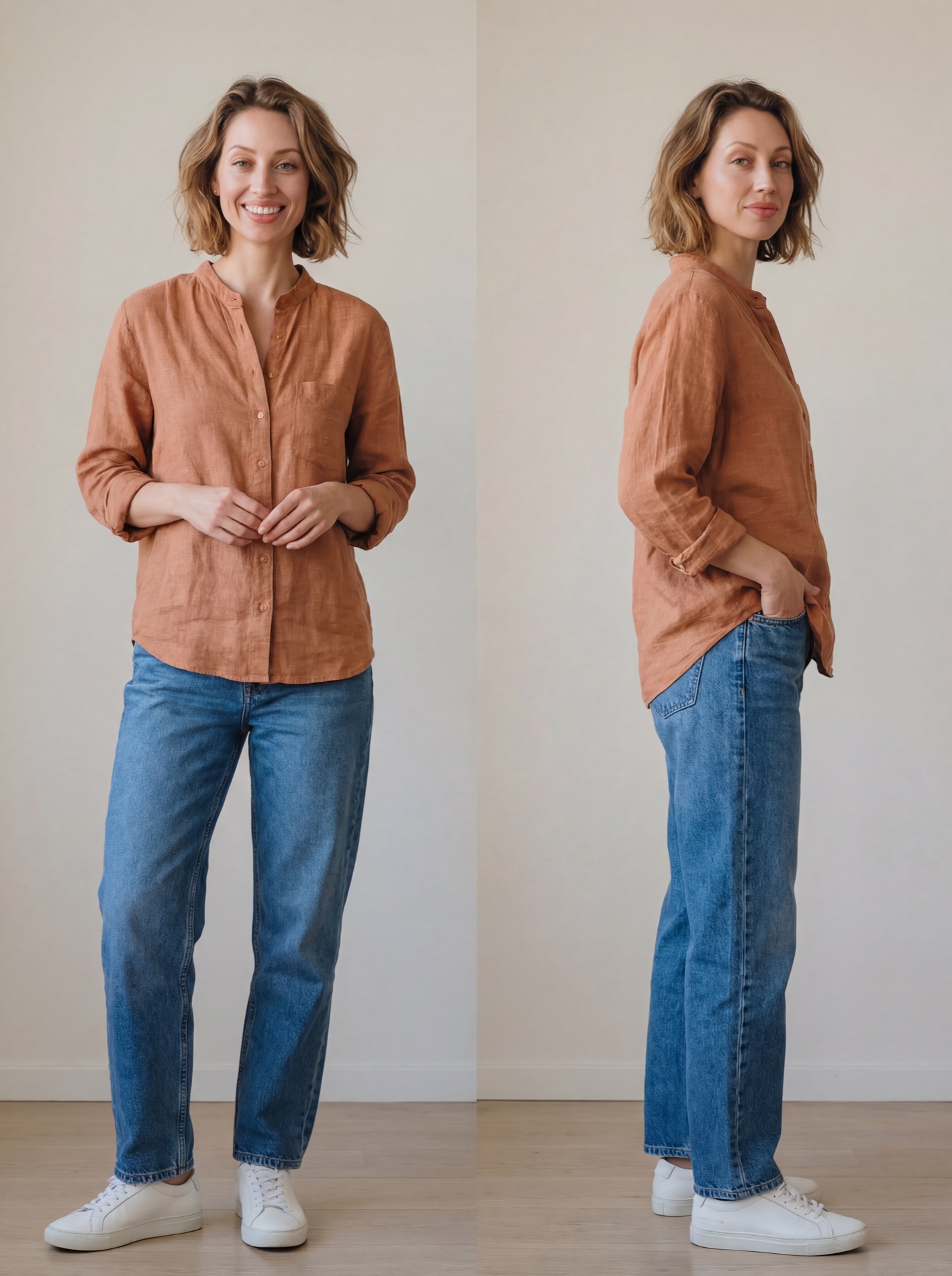 Character sheet: a woman with a short wavy bob in a rust linen shirt, blue jeans and white trainers, shown full length front and in three-quarter view on a plain warm ground.