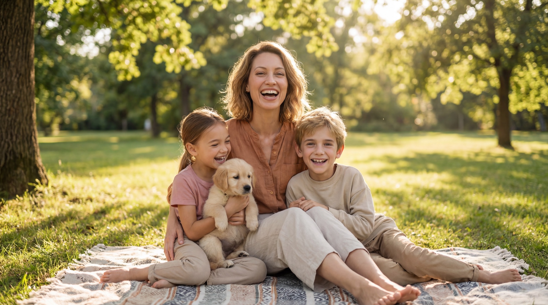 Starting frame: the mother, daughter and son sitting on a patterned picnic blanket in a sunlit park with a golden retriever puppy, the mother in the same rust linen shirt as her sheet.
