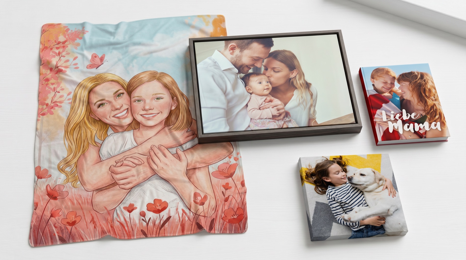 Product shot: the offer range laid flat on white — an illustrated fleece blanket of a mother and daughter among poppies, a framed canvas of parents with a baby, a photo book captioned Liebe Mama, and a photo block of a girl with a labrador.