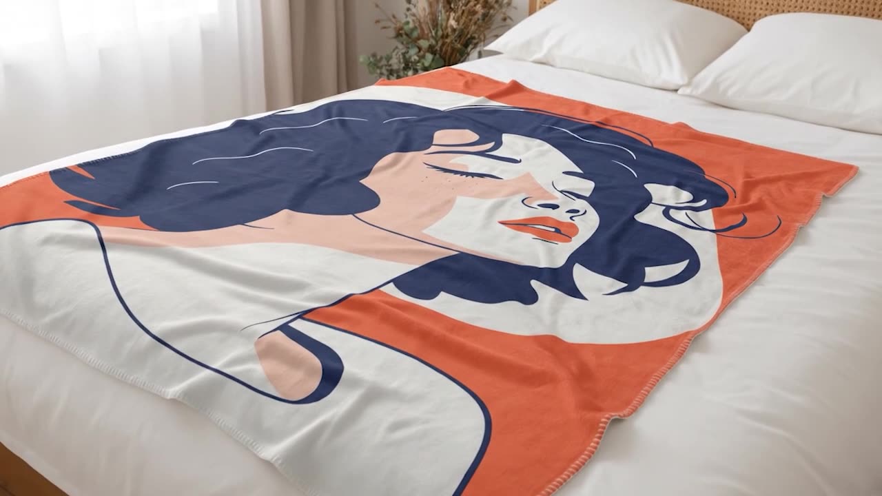 A fleece portrait blanket spread across a made bed in daylight, the printed illustration reading edge to edge, then handled to show the reverse and the stitched hem.