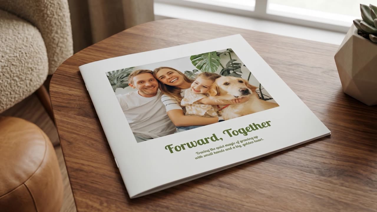 A booklet photo book shown on a table in daylight, turning slowly so the spine, the cover finish and the way the pages sit are all visible.