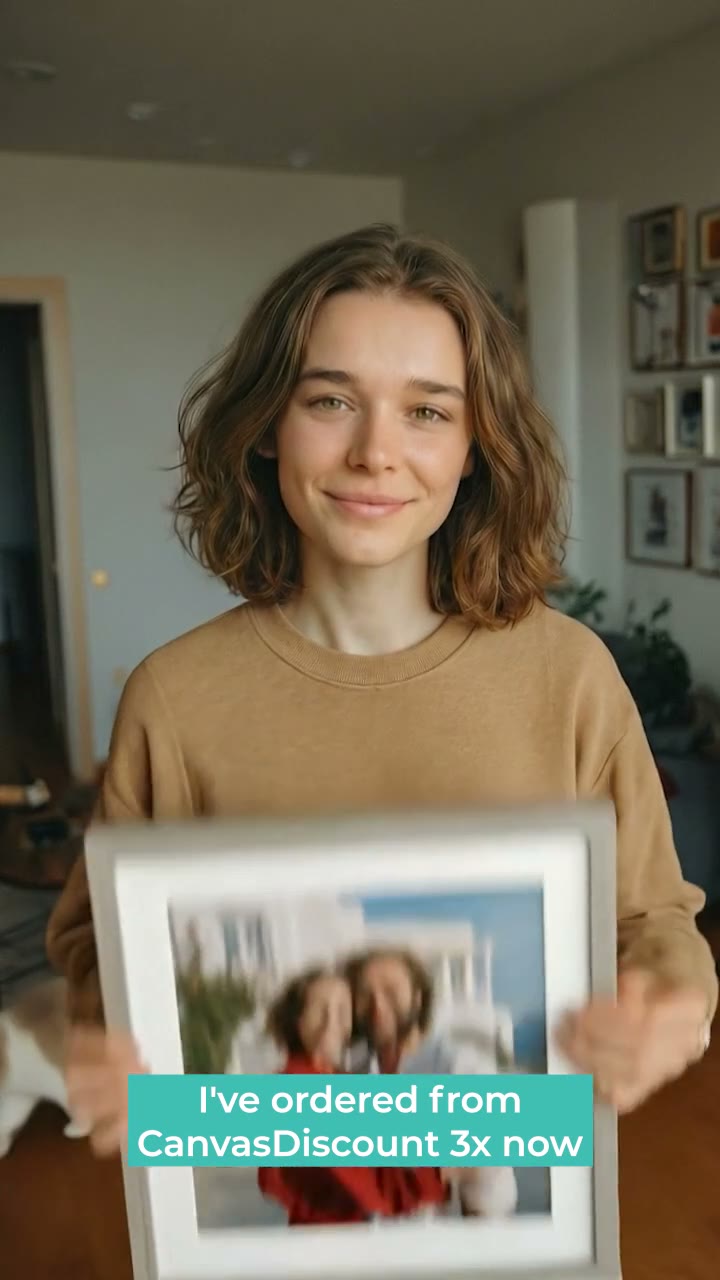 A creator holding a framed print of a couple in Greece, talking to camera, caption bars across the lower third.