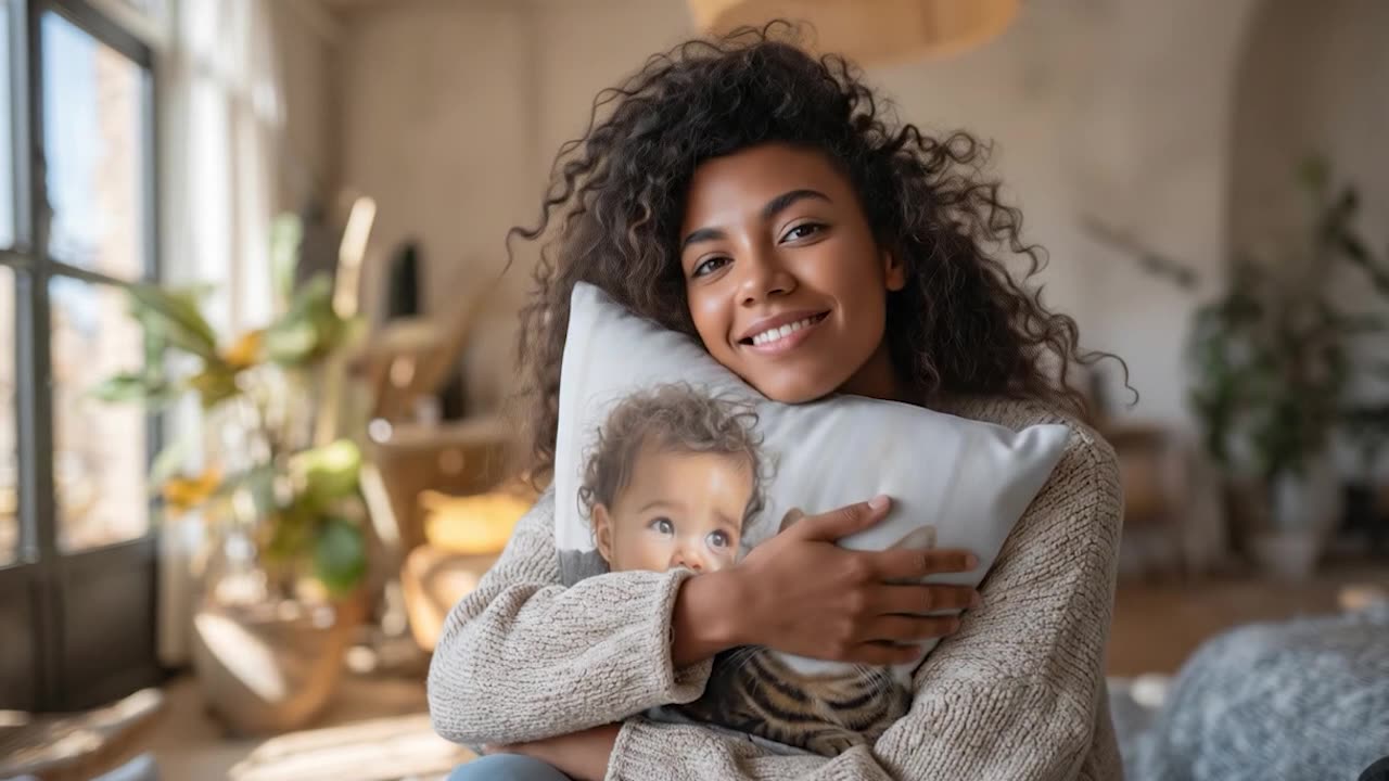 A photo cushion held against a woman and a small child in a sunlit room, the printed face soft and full-bleed, after shots of the cover, the reverse and a pair on a sofa.