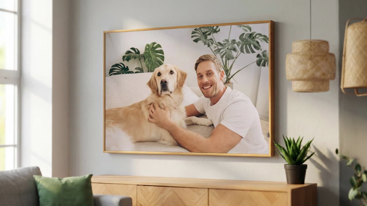 A FlexiArt print in a light wooden frame hanging above a sideboard, then the frame opened and a new print pressed into its edges to show the picture being swapped.