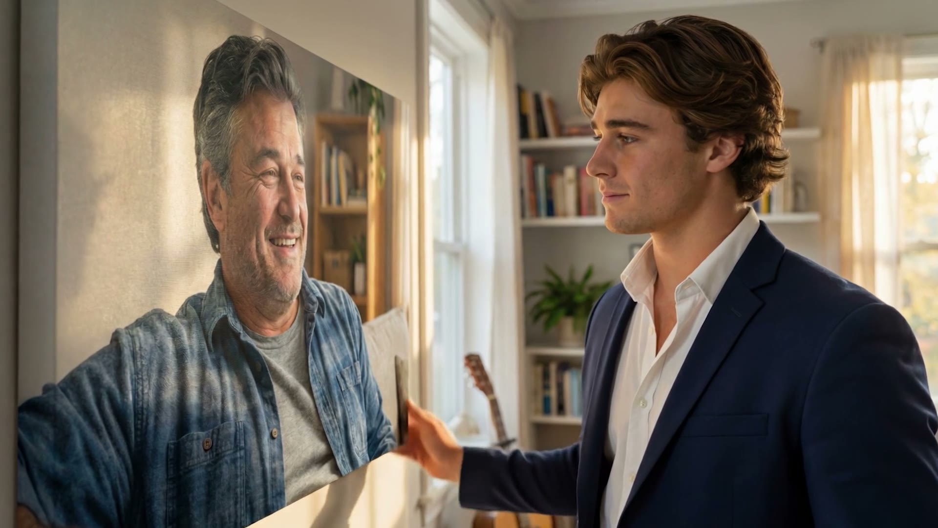 A young man in a navy jacket beside a large canvas of his father hung in a bright living room, a guitar against the shelves behind him.