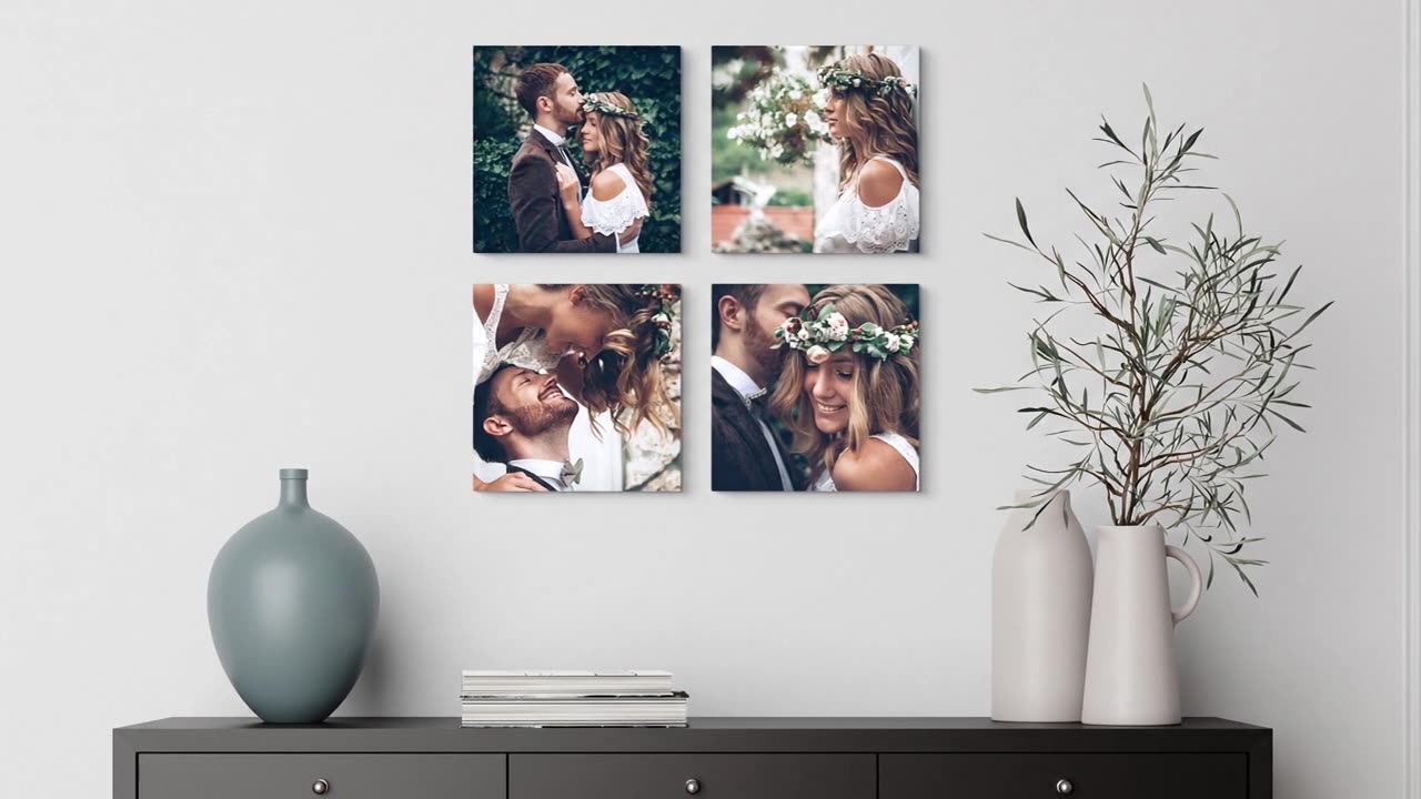 Four MIXPIX photo tiles arranged in a square on a plain wall above a sideboard, then shown being lifted and repositioned by hand and hung as a larger grid.