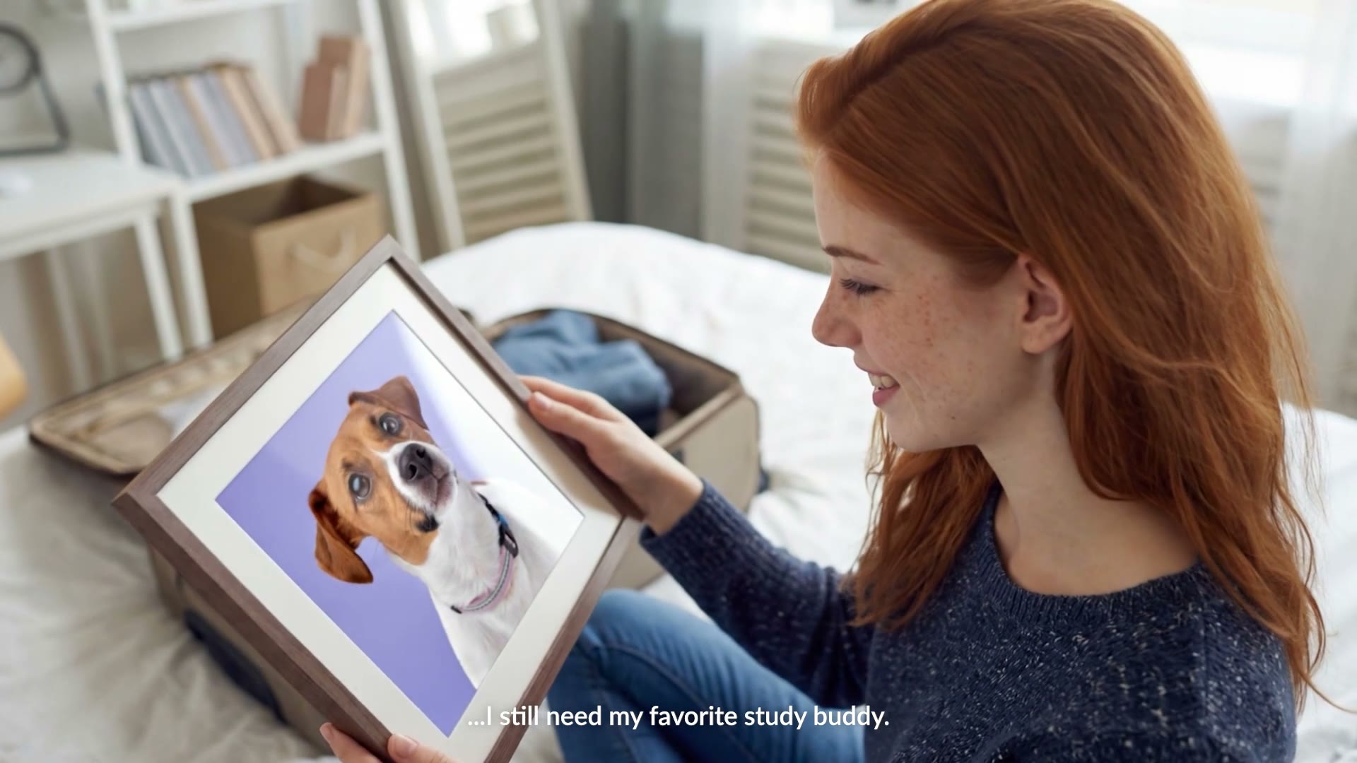 A young woman sitting on a bed, holding a framed print of her Jack Russell, subtitles reading I still need my favorite study buddy.