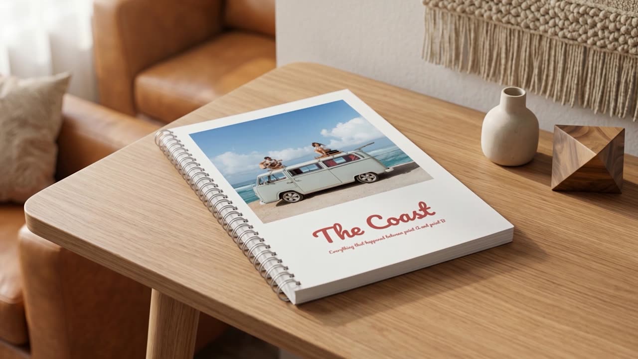 A ring book photo book shown on a table in daylight, turning slowly so the spine, the cover finish and the way the pages sit are all visible.