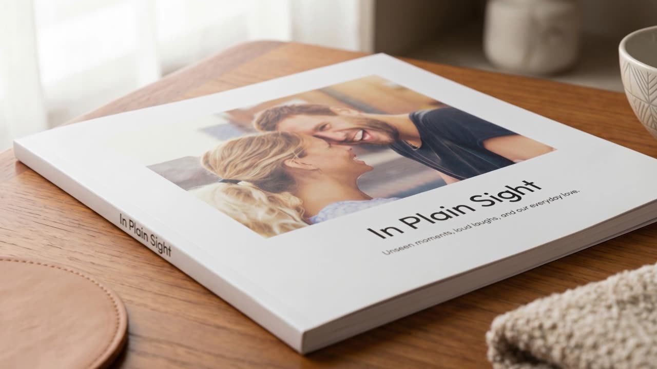 A softcover photo book shown on a table in daylight, turning slowly so the spine, the cover finish and the way the pages sit are all visible.