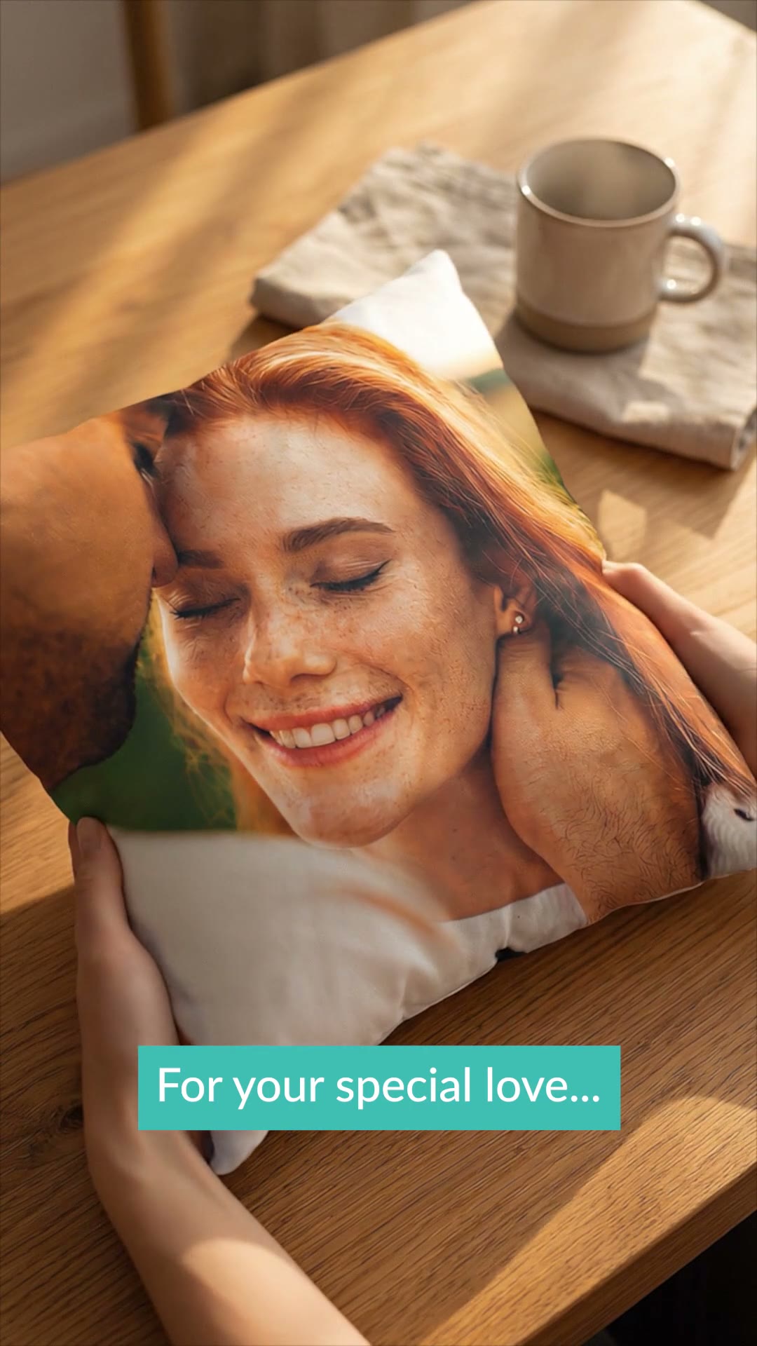 Valentine&rsquo;s vertical social cut: a woman resting against a photo cushion printed with her portrait, caption reading For your special love.