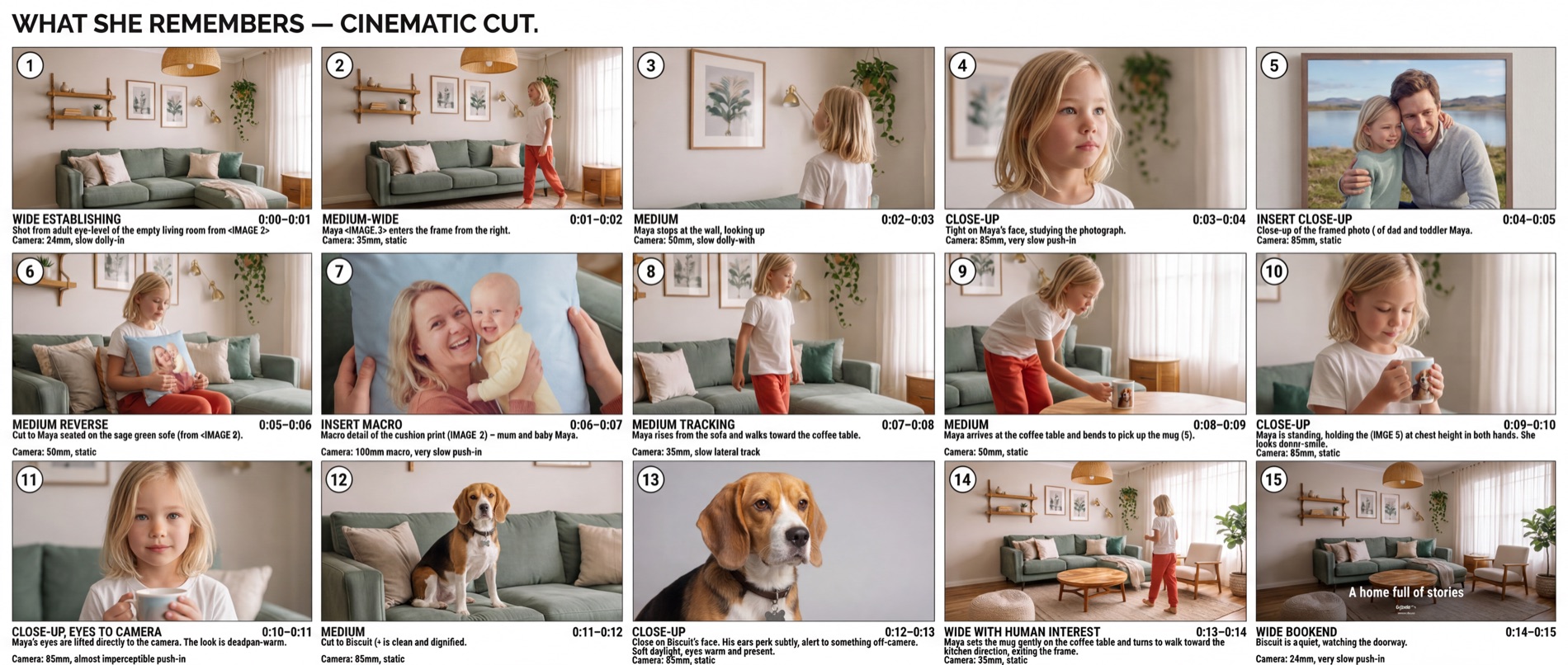 Storyboard titled What She Remembers — Cinematic Cut: fifteen numbered panels in three rows of five, running 0:00 to 0:15, each captioned with its shot size, action and camera note — 24mm slow dolly-in on the establishing wide, 100mm macro on the cushion print, 85mm on the closing look to camera.