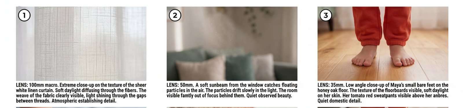 Storyboard detail at full width: numbered panels, each captioned with its lens and direction — 100mm macro on the texture of a sheer linen curtain, 50mm on a sunbeam catching drifting dust.