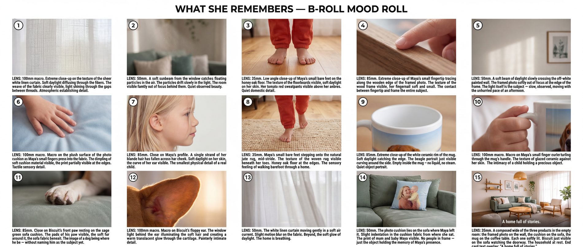 The full storyboard: fifteen numbered panels in five columns under the title What She Remembers — B-Roll Mood Roll, each panel carrying its own lens note and direction, closing on the end-card line A home full of stories.