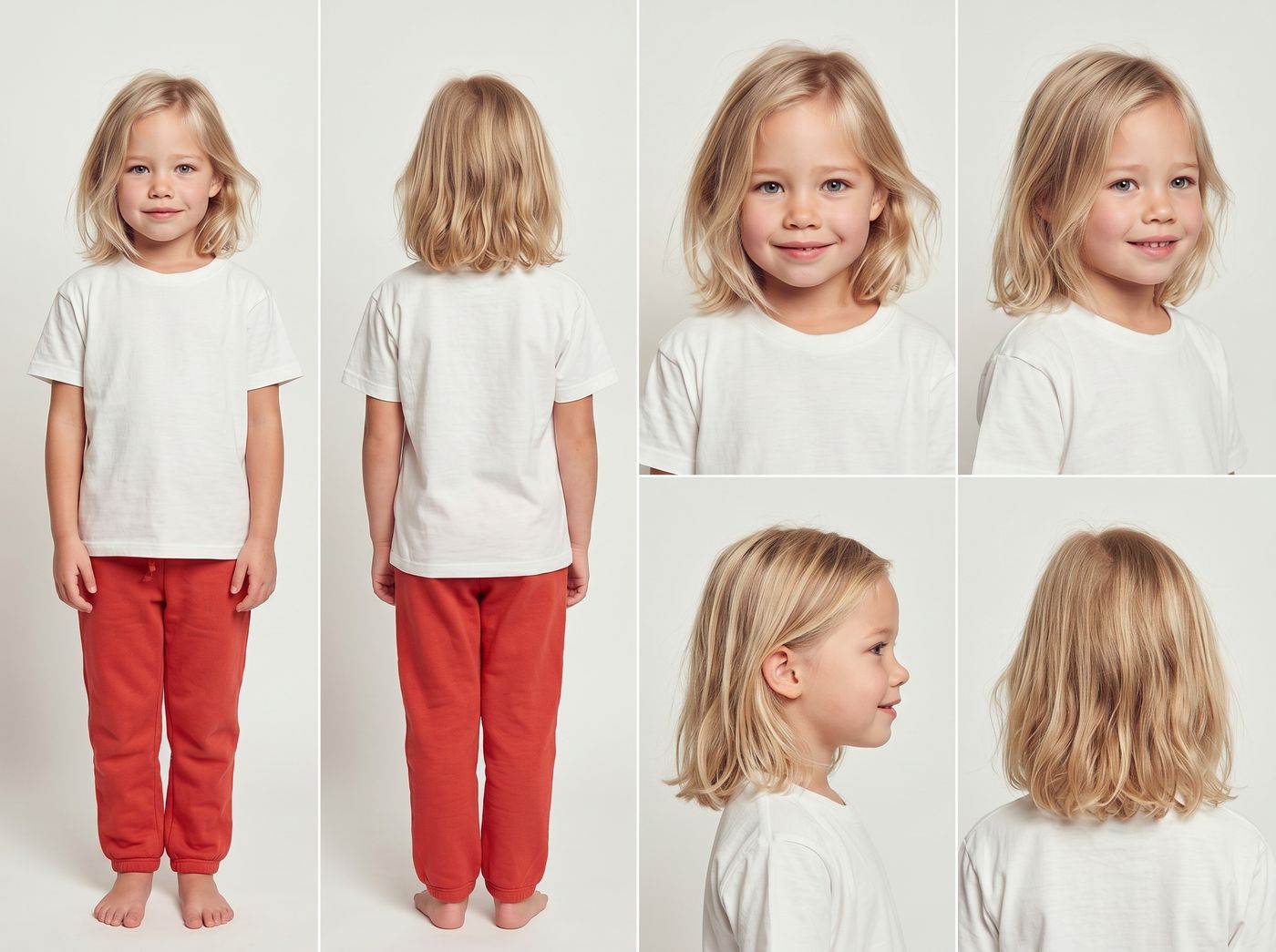 Casting plate: a young girl in a white t-shirt and red trousers shown front, back and in four head angles, with alternates held for each of four subject classes.