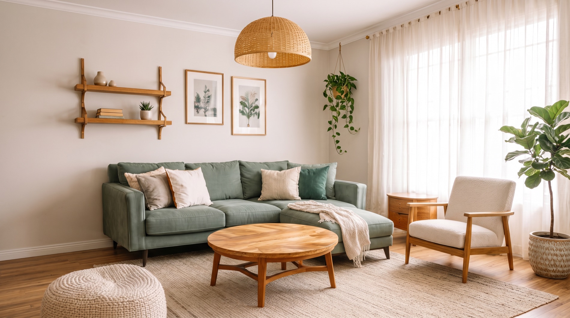 The living room the boards are set in: a sage green sofa under two framed botanical prints, a rattan pendant, a round wooden coffee table on a jute rug, a knitted pouf and a fiddle-leaf fig by a sheer-curtained window.