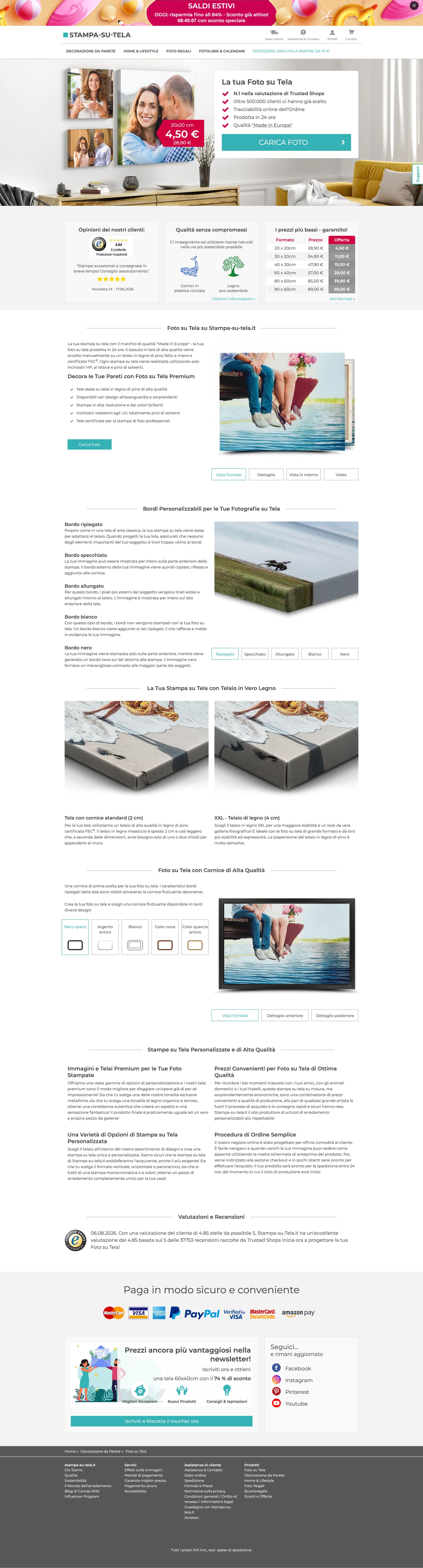 The canvas product page before the rebuild: a promotional hero with an upload button, three trust boxes including a format and price table, then long alternating description blocks covering edge treatments, stretcher frames and floating frames, each with its own tabbed image switcher.