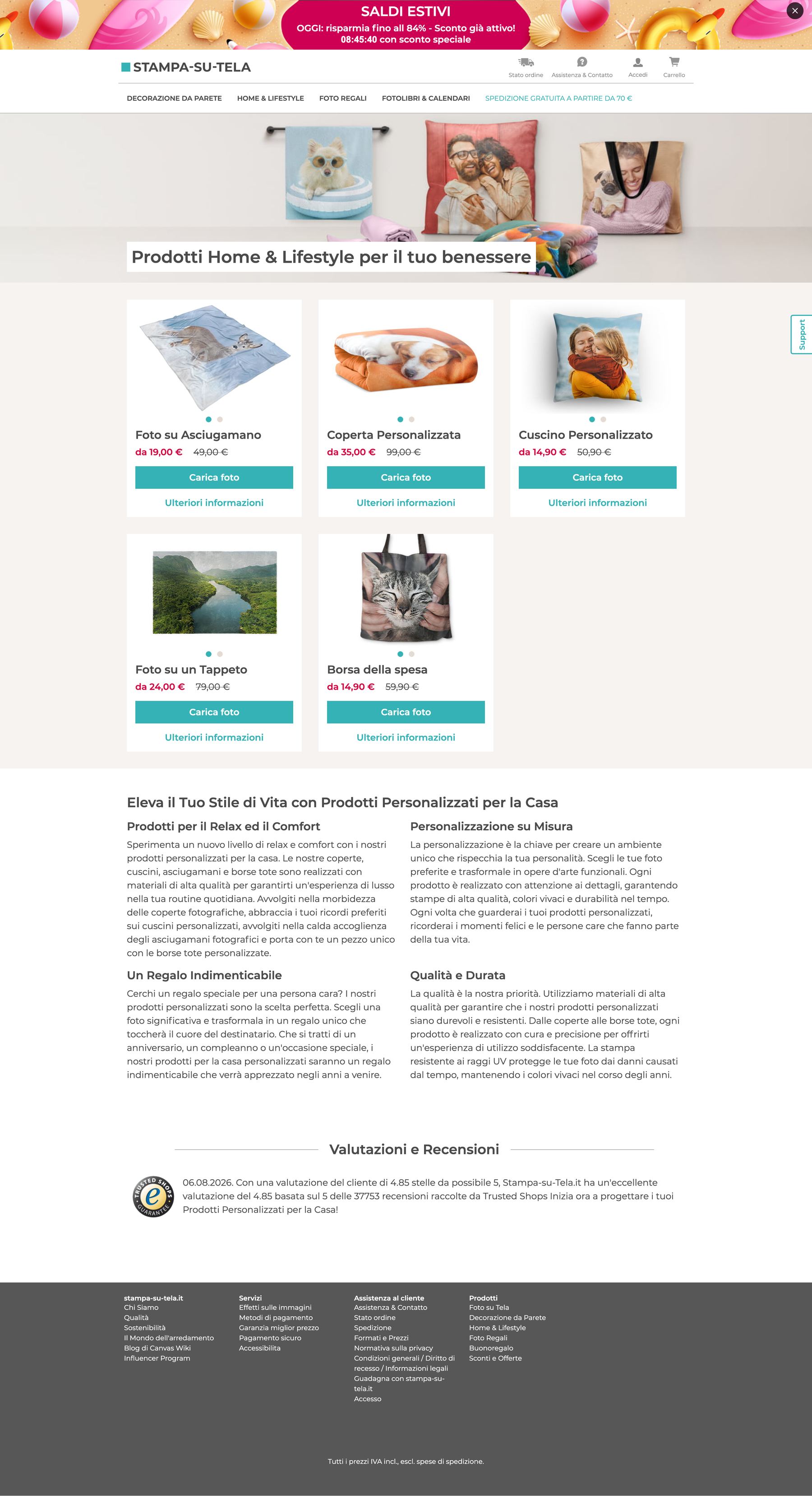 The Home & Lifestyle category page before the rebuild: a banner headline over a product still, five product cards on a beige field each with a from-price, a struck-through price and two actions, then four columns of description copy and a Trusted Shops rating paragraph.