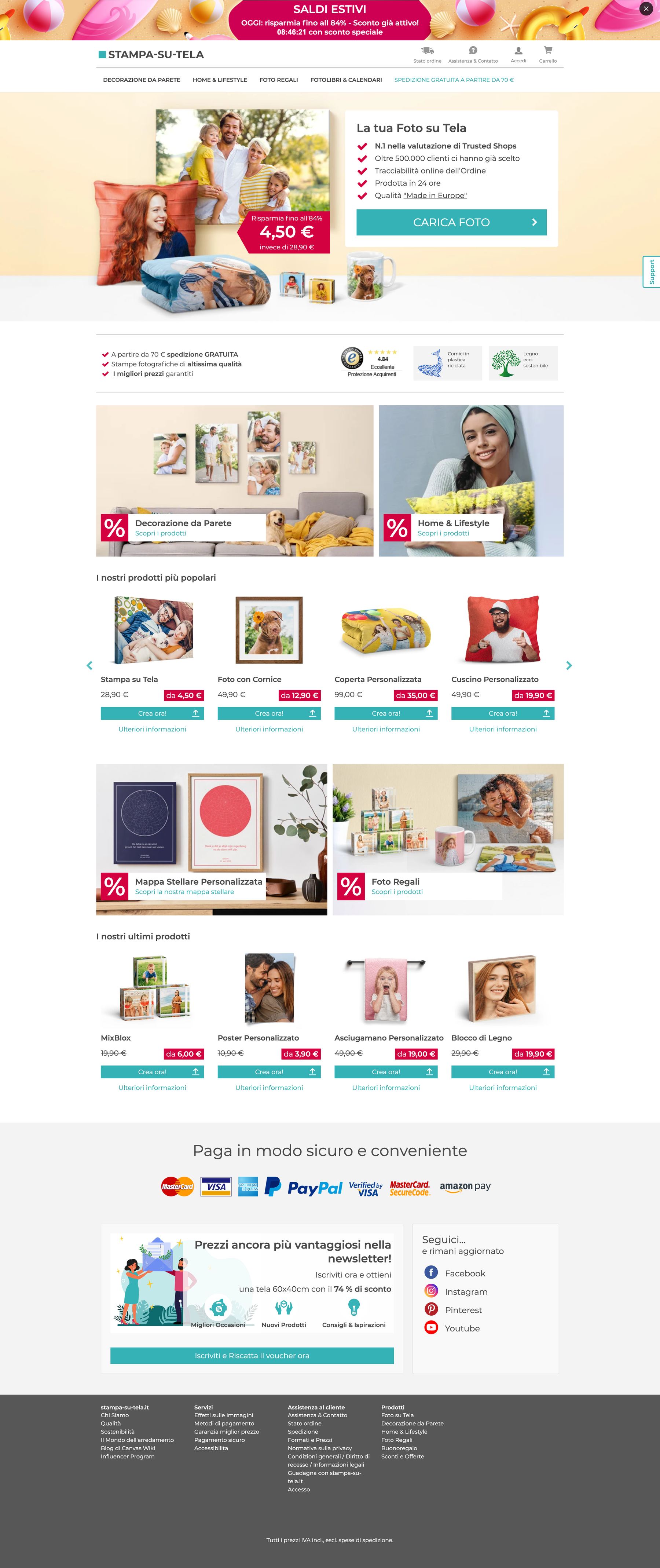 The Italian homepage before the rebuild: a summer-sale bar over a promotional hero with a tick list and an upload button, a trust strip, two category tiles carrying percentage badges, a four-product carousel of most popular items, two more promo tiles, a latest-products row, payment logos and a newsletter block.