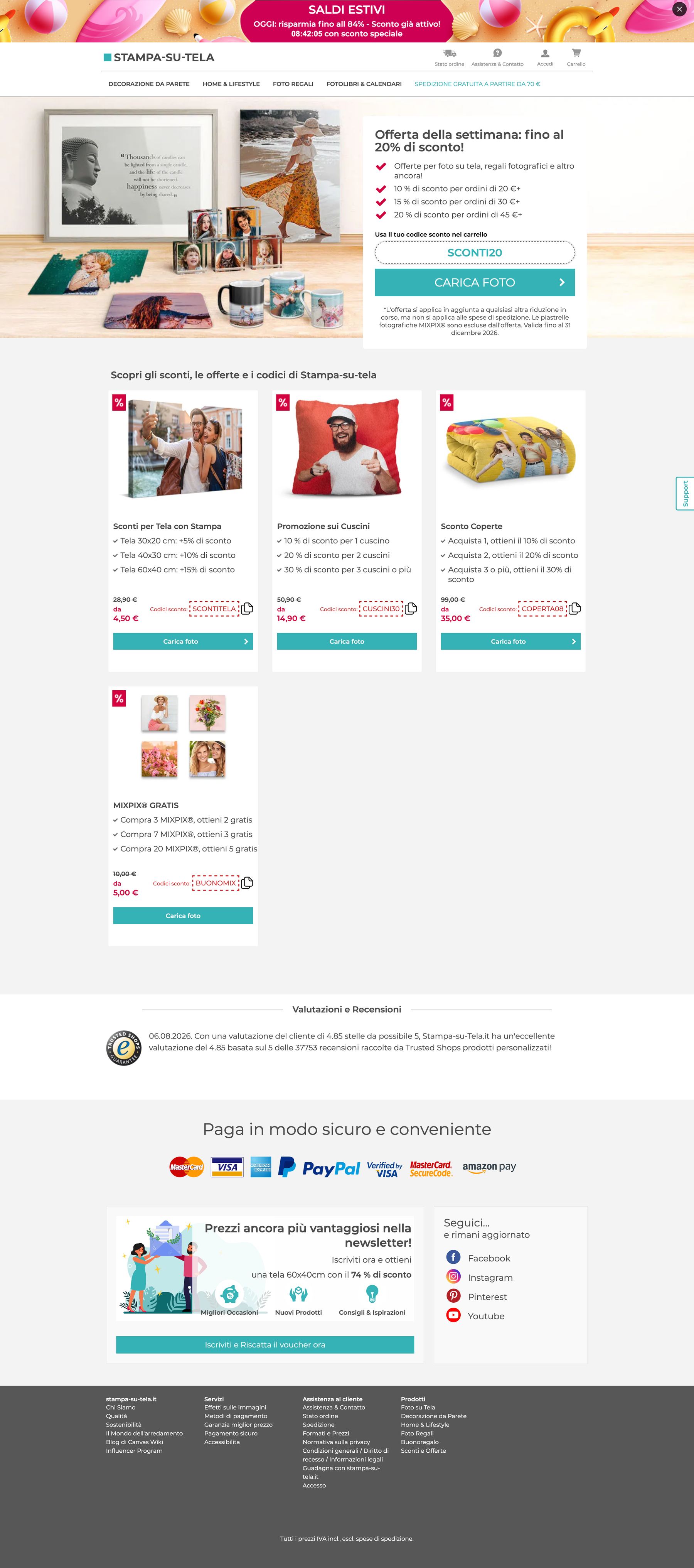 The offers page it replaces: a weekly-discount hero with tiered percentages and a voucher code, then four offer cards for canvas, cushions, blankets and MIXPIX, each listing its own quantity tiers and a separate discount code to copy.