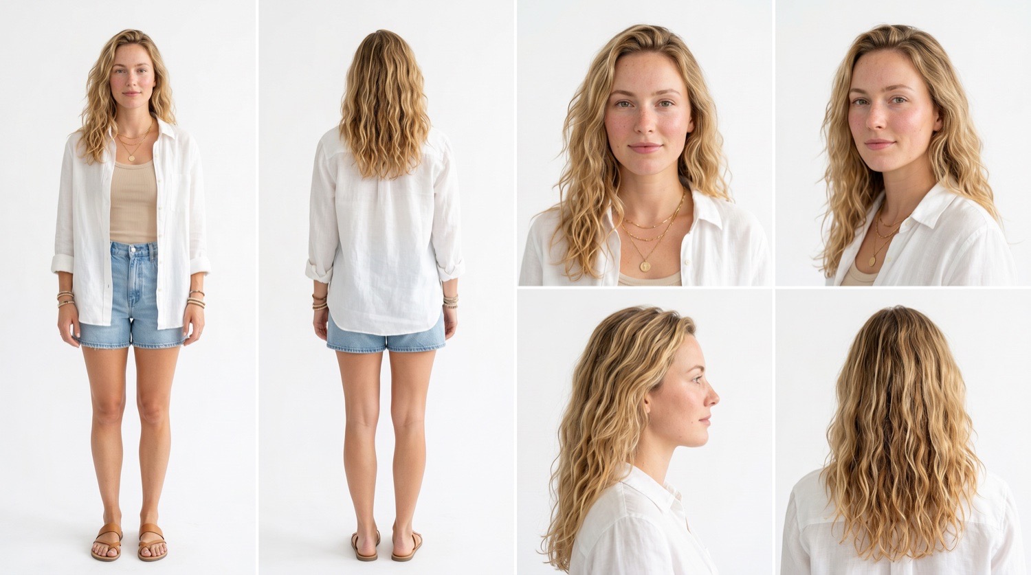 Character sheet: the same model shown full length front and back, with four head angles above, against a plain white backdrop.