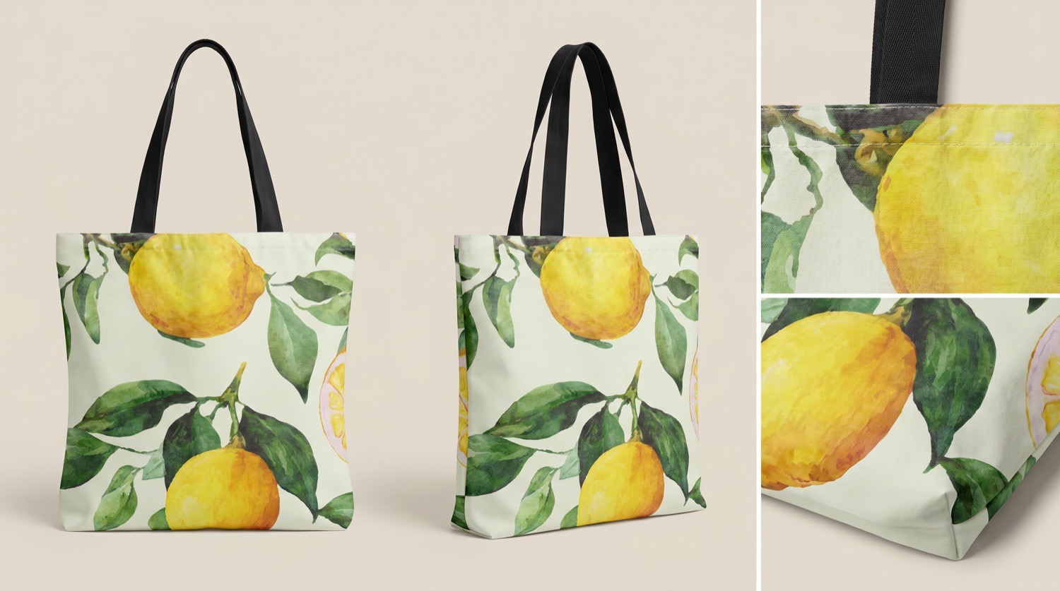 Element sheet: a lemon-print tote bag photographed from three angles beside a close crop of the printed fabric.
