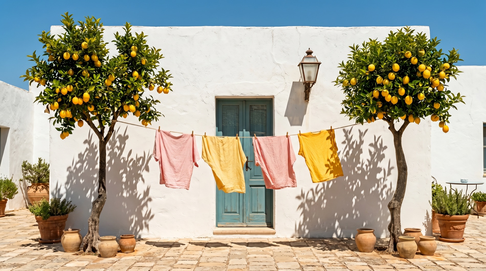 Location plate: a whitewashed wall under a deep blue sky with a washing line of pink and yellow linen strung between two potted lemon trees, above a pale stone courtyard.