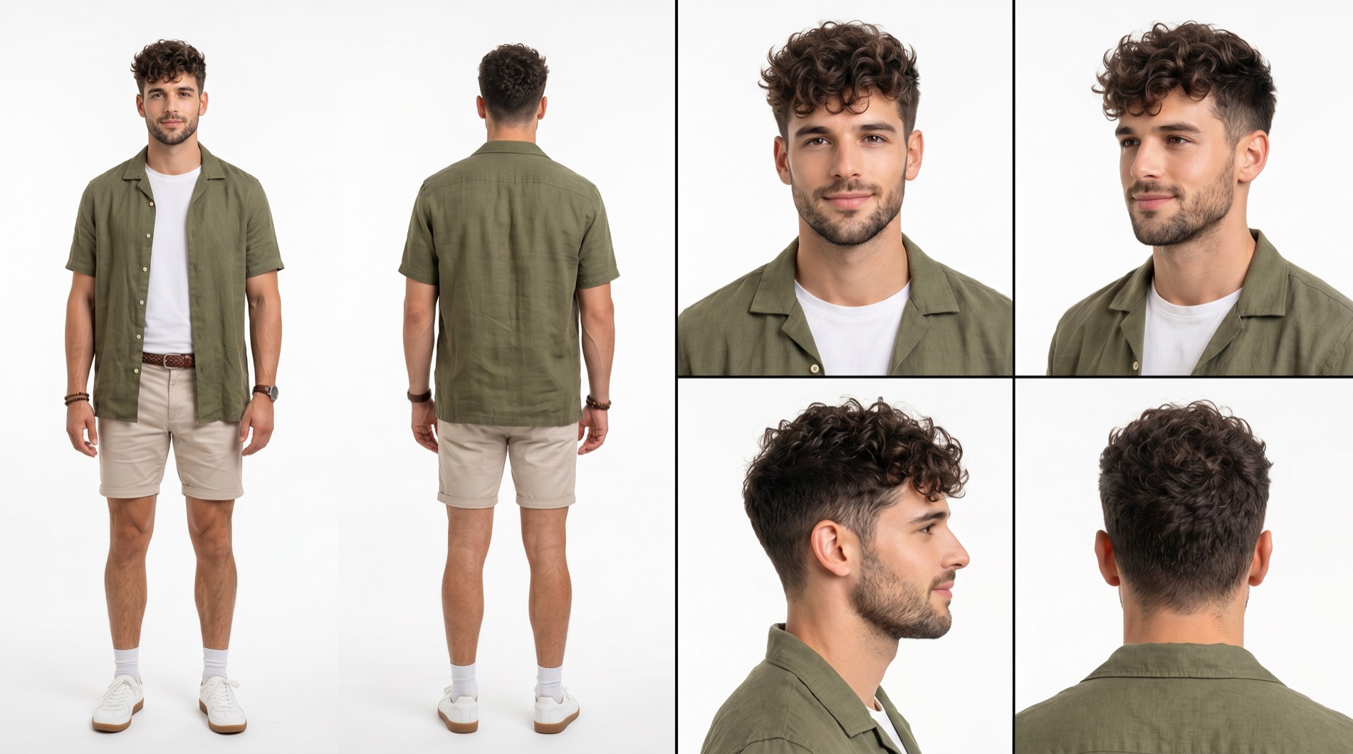Character sheet: a man in an olive linen shirt over a white t-shirt with stone shorts and white trainers, shown full length front and back with four head angles beside him.