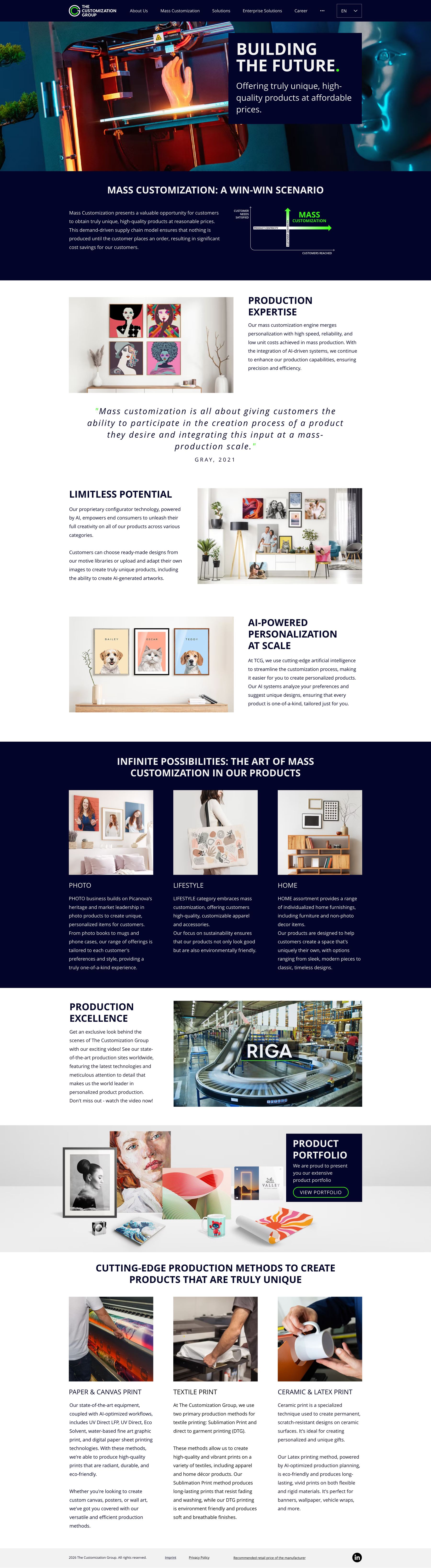 The Mass Customization page: a production hero reading Building the future, a win-win explainer with a positioning diagram, production-expertise and limitless-potential blocks, an AI-personalisation section, three product-category columns on dark ground, a production film still and three print-method columns.