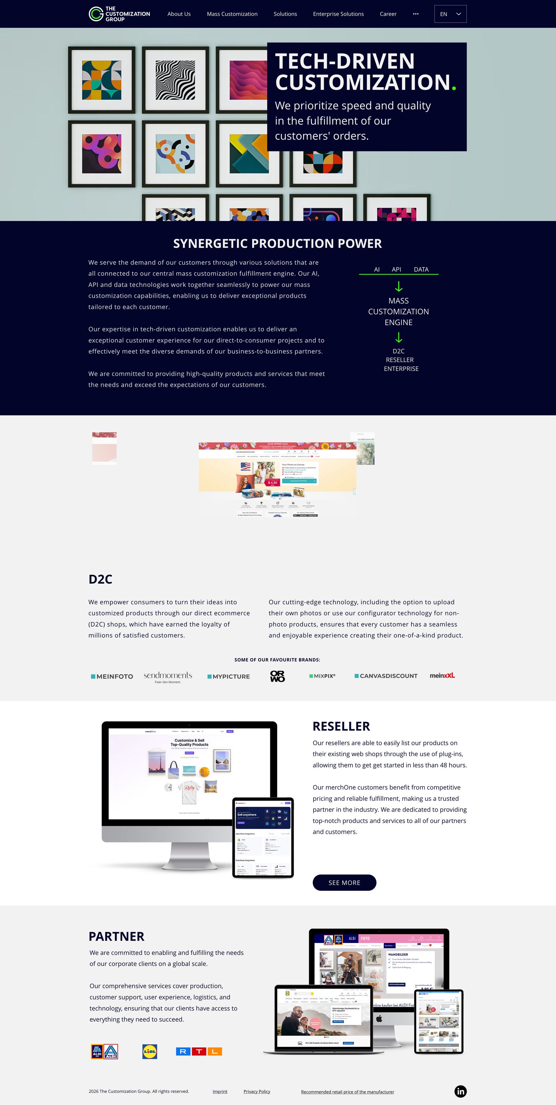 The Solutions page: a framed-art hero reading Tech-driven customization, a synergetic production panel with an AI, API and data diagram feeding the mass customization engine, then D2C, reseller and partner sections carrying the group brand marks and the ALDI, Lidl and RTL logos.
