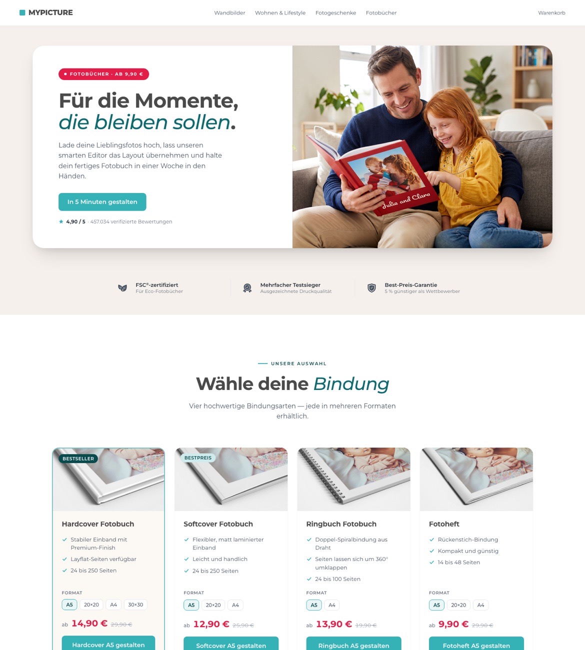The photobook configurator landing page: a hero image of a father and daughter reading a photo book, above a binding chooser offering four formats with prices.