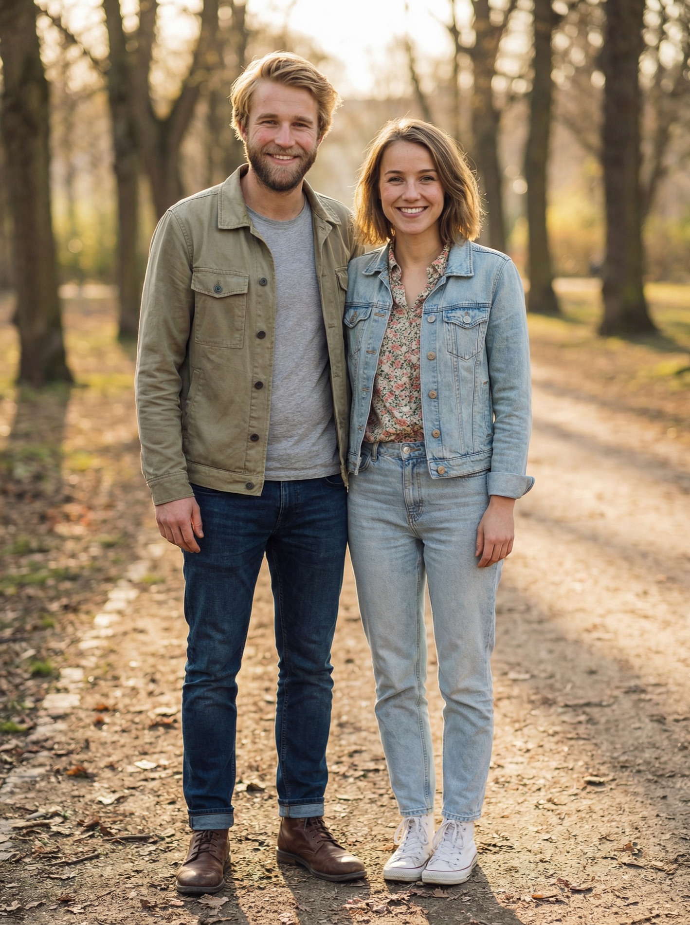 Character reference: a young couple standing together on a leaf-strewn path in an autumn park, he in an olive jacket over a grey t-shirt and dark jeans, she in a pale denim jacket over a floral shirt with light jeans and white trainers.