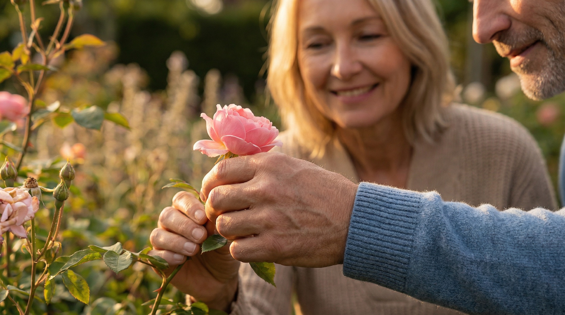 Starting frame: the older couple cutting a pink rose in a garden at low sun, his blue sweater cuff and her beige knit matching the reference sheet.