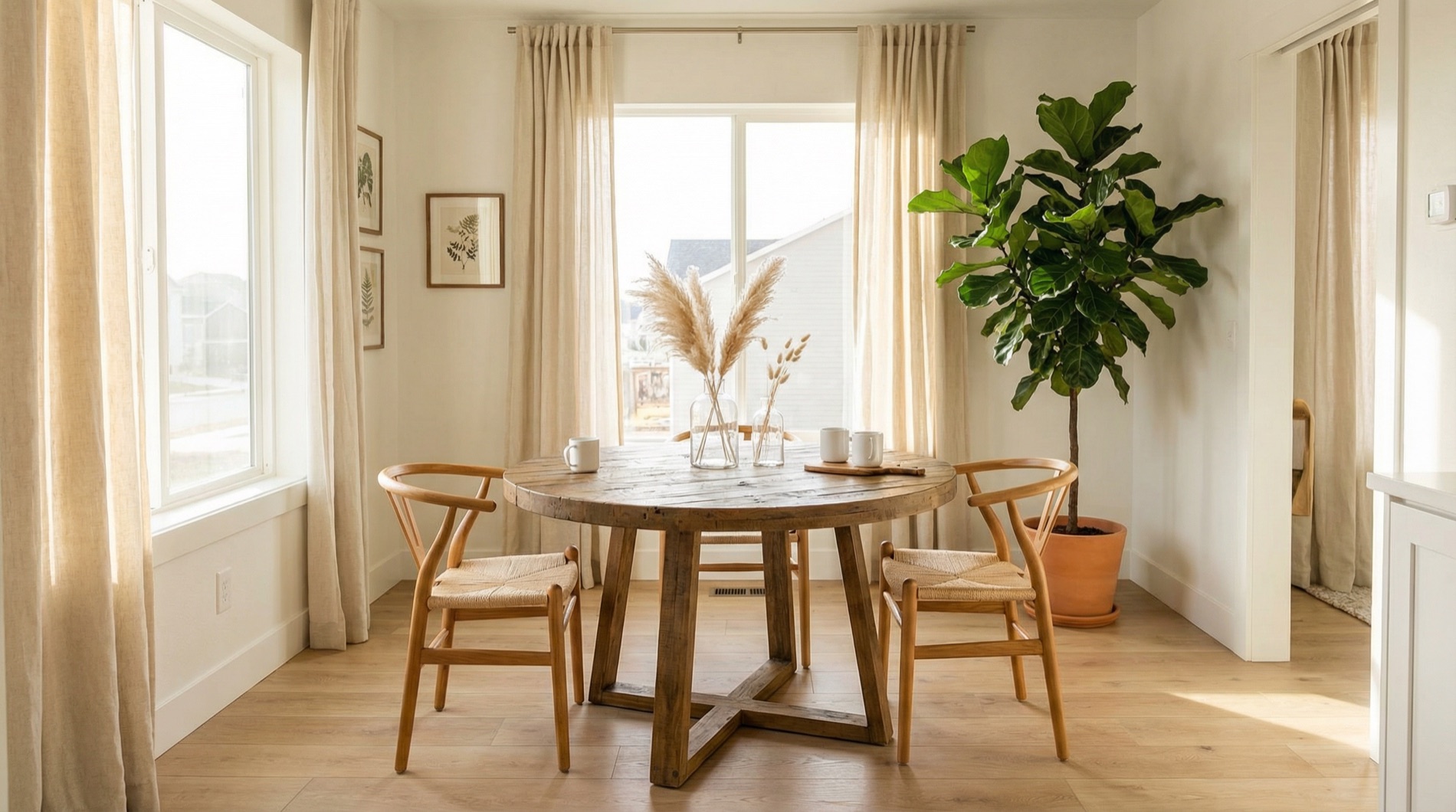 Location plate: a sunlit dining corner with a round reclaimed-wood table, two wishbone chairs, linen curtains, framed botanical prints and a fiddle-leaf fig in a terracotta pot.