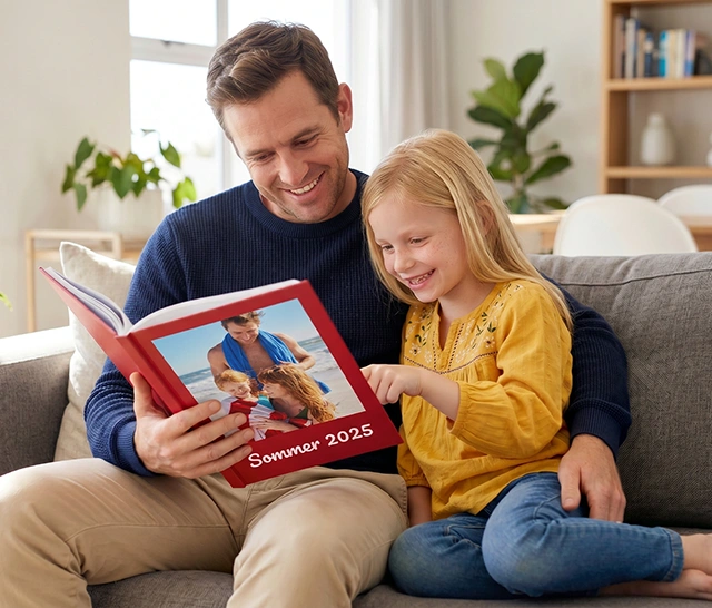 Personalisiertes Hardcover-Fotobuch auf einem Bett aus warm-getonten gedruckten Seiten
